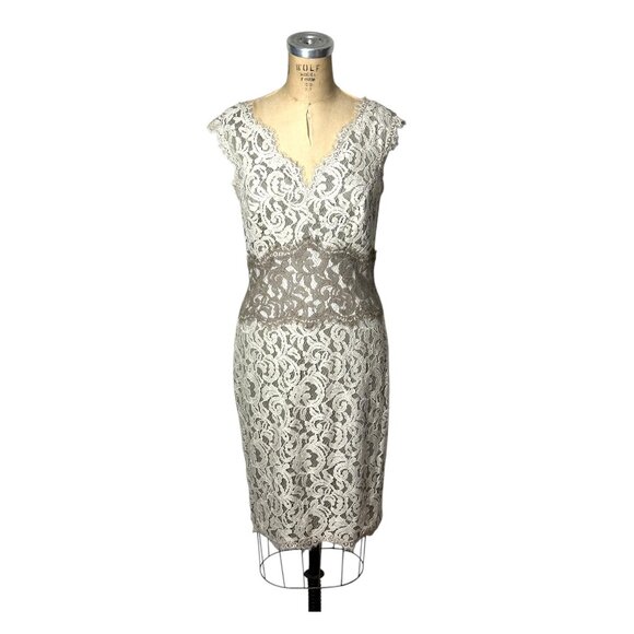 Elegant lace dress in taupe and cream by Tadashi Shoji Size 10 - Picture 1 of 6